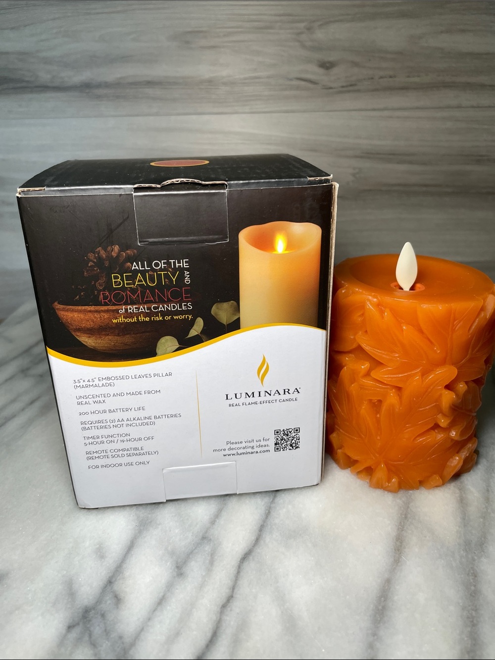 NIB- Luminara Embossed Real Wax Flameless LED Pillar Candle, Leaves, Orange - Picture 10 of 10